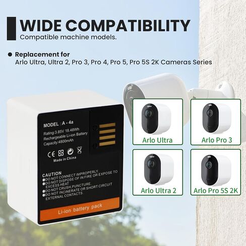 A-4A Battery Replacement for Arlo Ultra, Ultra 2, Pro 3,4,5, 5S 2K Camera | VMC4040P VMA5400 VMC4350P VMC4050P VMC5040 VMS4240P VMC4060P A-4A Battery Pack 3.85V 4800mAh 18.48Wh in Kuwait