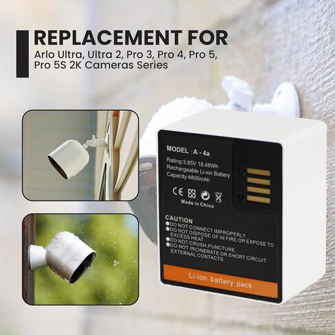 A-4A Battery Replacement for Arlo Ultra, Ultra 2, Pro 3,4,5, 5S 2K Camera | VMC4040P VMA5400 VMC4350P VMC4050P VMC5040 VMS4240P VMC4060P A-4A Battery Pack 3.85V 4800mAh 18.48Wh in Kuwait