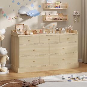 Vabches Kids Dresser Cabinet with 7 Drawers and Large Table Top, Multi-Functional Chest of Drawers, Baby Dresser, Kids Bedroom Furniture, Nightstand for Child’s Room, Natural in Saudi Arabia