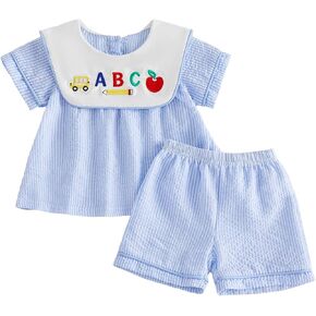 Toddler Boys Back to School Outfits Short Sleeve Pencil Apple Embroidery Peter Pan T-Shirt + Shorts Set in Saudi Arabia