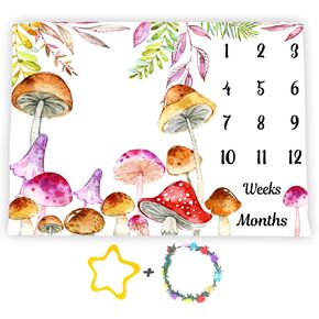 Mushroom Theme Baby Monthly Milestone Blanket, Watercolor, 48x40in | Tropical Eucalyptus Leaf, Soft Flannel, Spring Botanical, Newborn Mom Gifts, Baby Shower, Photography Props Banner in Saudi Arabia