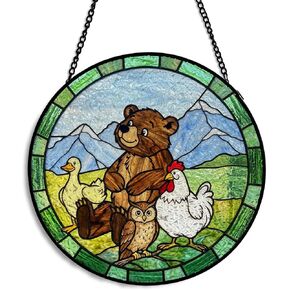 GZV Mountain Bear Animal Stained Glass Window Hanging Suncatcher 7.9in | Bear Duck Owl Chicken Sun Catchers Indoor Window Glass Round Wall Art,Cute Animal Nursery Wall Hanging Decorations in Kuwait