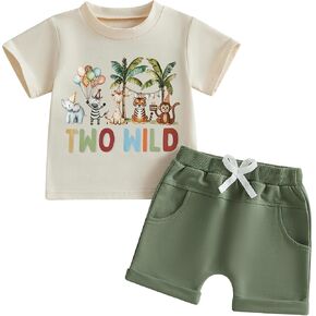 WZTYYDS Toddler Baby Boy 2nd Birthday Outfit Two Wild Safari Animal Print T-Shirt + Shorts Set 2T Birthday Clothes Summer in Saudi Arabia