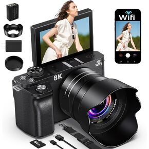 8K Digital Camera, 88MP Cameras for Photography, WiFi Vlogging Camera for YouTube with 3" 180° Flip Screen, 18X Zoom UHD Autofocus Video Camara with Lens Hood, 64GB Card in Kuwait