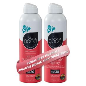 بخاخ واقي من الشمس من All Good Baby & Kids - UVA/UVB واسع الطيف، عامل حماية من الشمس 30، أكسيد الزنك، صديق للشعاب المرجانية، مقاوم للماء، آذريون، صبار (6 أونصة) (عبوتان) in Kuwait