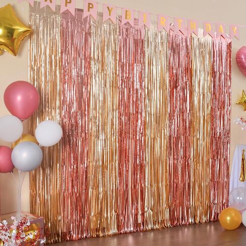 Rose Gold Foil Fringe Curtains, Pink Gold Party Backdrop, 2 Pack | Rose Gold Birthday Decorations Pink and Gold Backdrop Photo Booth Props for Bridal Shower Ballerina Valentine's Party Decor in Kuwait