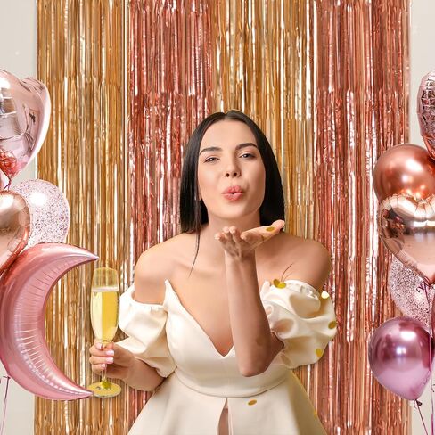 Rose Gold Foil Fringe Curtains, Pink Gold Party Backdrop, 2 Pack | Rose Gold Birthday Decorations Pink and Gold Backdrop Photo Booth Props for Bridal Shower Ballerina Valentine's Party Decor in Kuwait