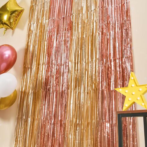 Rose Gold Foil Fringe Curtains, Pink Gold Party Backdrop, 2 Pack | Rose Gold Birthday Decorations Pink and Gold Backdrop Photo Booth Props for Bridal Shower Ballerina Valentine's Party Decor in Kuwait