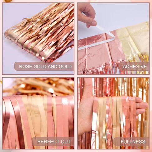 Rose Gold Foil Fringe Curtains, Pink Gold Party Backdrop, 2 Pack | Rose Gold Birthday Decorations Pink and Gold Backdrop Photo Booth Props for Bridal Shower Ballerina Valentine's Party Decor in Kuwait