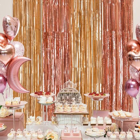 Rose Gold Foil Fringe Curtains, Pink Gold Party Backdrop, 2 Pack | Rose Gold Birthday Decorations Pink and Gold Backdrop Photo Booth Props for Bridal Shower Ballerina Valentine's Party Decor in Kuwait
