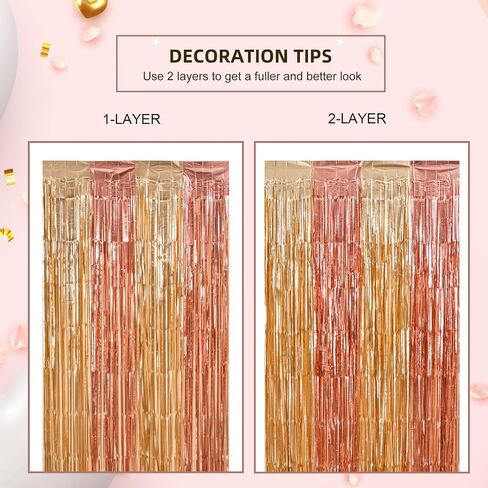 Rose Gold Foil Fringe Curtains, Pink Gold Party Backdrop, 2 Pack | Rose Gold Birthday Decorations Pink and Gold Backdrop Photo Booth Props for Bridal Shower Ballerina Valentine's Party Decor in Kuwait