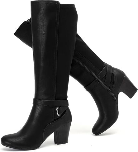 Ruiee Womens Knee High Boots Fall Winter Heeled Boot. | Chunky Heel, Casual Versatile, Buckles, Comfort, Faux Leather, Round Toe in Kuwait