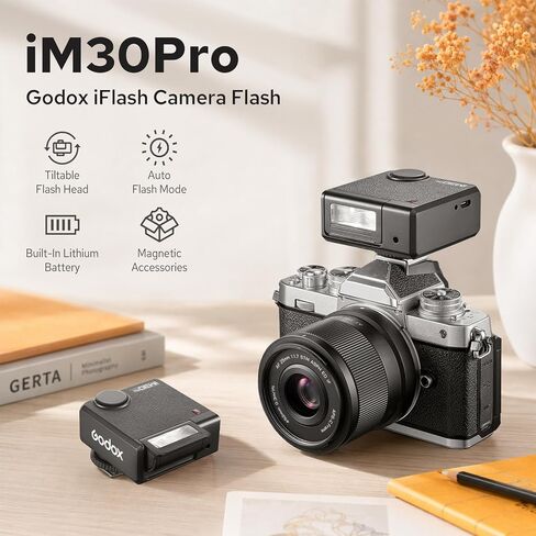 Godox iM30Pro iM30 Pro Mini Camera Flash, GN15 Mini Flash, AUTO/Manual Mode | 550 Full-Power Flashes, 1.5s Recycle Time, HD Color Screen, Built in Lithium Battery, Tiltable Head, Single-Contact Hotshoe in Kuwait