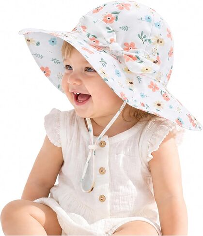 Baby Toddler Sun Protection Bucket Hat Infant Beach Summer Hats for Girl | Soft Breathable Fabric With UPF 50+ Wide Brim Swim hat, Adjustable Chin Strap Stays in Wind, Lightweight For Beach & Travel in Kuwait