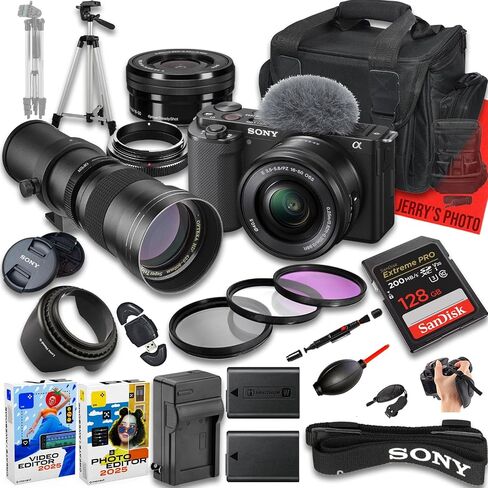 Sony ZV-E10 Mirrorless Camera with E PZ 16-50mm f/3.5-5.6 OSS &420-800mm f/8 Manual Super HD Telephoto Lens + 128 GB Memory + Extra Battery + Camera Case + More (24pc Bundle) (Renewed) in Kuwait