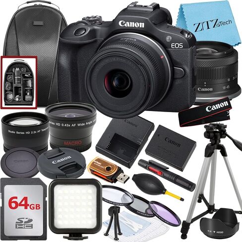 Canon EOS R100 Mirrorless Camera with RF-S 18-45mm Lens + 64GB Memory Card + Backpack + Widgeangle + ZeeTech Accessory Bundle (Renewed) in Kuwait