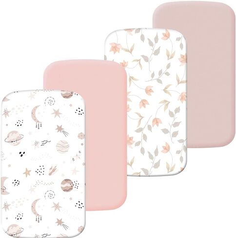 4 Pack Baby Bassinet Sheets 20" x 33" Fit for Baby Delight, BCOL, Jimglo, Angelbliss, Maxi-COSI & Most Regular Bedside Sleeper- Soft Breathable Bassinet Fitted Sheets for Girl - Light Pink & Star in Kuwait