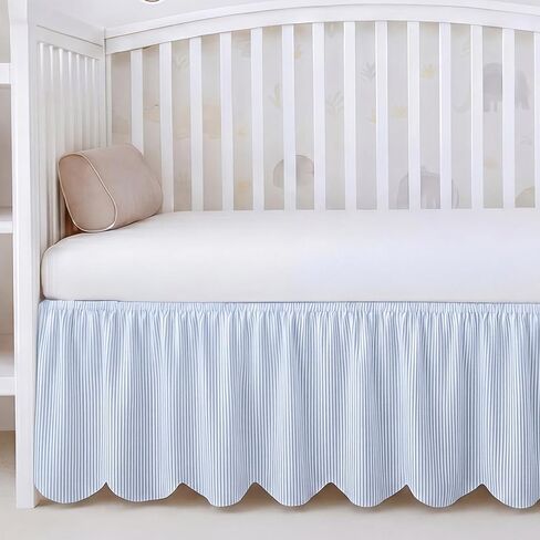 Blue Scallop Edge Cotton Crib Skirt Ticking Strip Farmhouse Chic Nursery Bed Skirt Gender Neutral for Baby Boys Girls Fits Standard Cribs Toddler Beds, 52" x 28" x 16" Drop in Kuwait