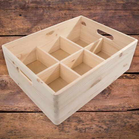 Natural Wood Storage Organizer Box, 6-Compartment Wooden Tray with Handles, Rustic Desktop Organizer for Office Home Kitchen Bathroom, Unfinished Wood Craft Container in Kuwait