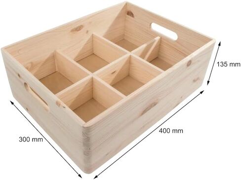 Natural Wood Storage Organizer Box, 6-Compartment Wooden Tray with Handles, Rustic Desktop Organizer for Office Home Kitchen Bathroom, Unfinished Wood Craft Container in Kuwait
