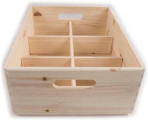 Natural Wood Storage Organizer Box, 6-Compartment Wooden Tray with Handles, Rustic Desktop Organizer for Office Home Kitchen Bathroom, Unfinished Wood Craft Container in Kuwait