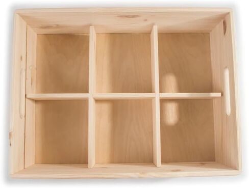 Natural Wood Storage Organizer Box, 6-Compartment Wooden Tray with Handles, Rustic Desktop Organizer for Office Home Kitchen Bathroom, Unfinished Wood Craft Container in Kuwait