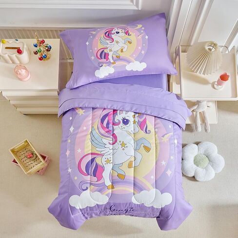 4 Pieces Toddler Bedding Set for Girls Purple Unicorn Toddler Bed Set - Cartoon Stars Rainbow Print Cute Princess Bed in a Bag - 1 Baby Comforter 1 Fitted Sheet 1 Flat Sheet 1 Pillowcase in Kuwait