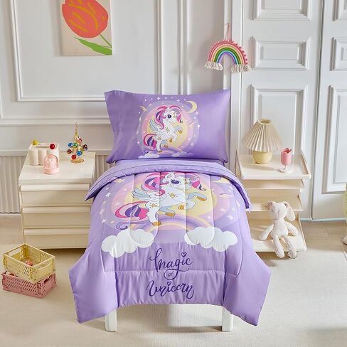 4 Pieces Toddler Bedding Set for Girls Purple Unicorn Toddler Bed Set - Cartoon Stars Rainbow Print Cute Princess Bed in a Bag - 1 Baby Comforter 1 Fitted Sheet 1 Flat Sheet 1 Pillowcase in Kuwait