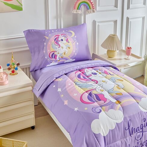 4 Pieces Toddler Bedding Set for Girls Purple Unicorn Toddler Bed Set - Cartoon Stars Rainbow Print Cute Princess Bed in a Bag - 1 Baby Comforter 1 Fitted Sheet 1 Flat Sheet 1 Pillowcase in Kuwait