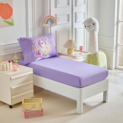 4 Pieces Toddler Bedding Set for Girls Purple Unicorn Toddler Bed Set - Cartoon Stars Rainbow Print Cute Princess Bed in a Bag - 1 Baby Comforter 1 Fitted Sheet 1 Flat Sheet 1 Pillowcase in Kuwait