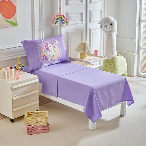 4 Pieces Toddler Bedding Set for Girls Purple Unicorn Toddler Bed Set - Cartoon Stars Rainbow Print Cute Princess Bed in a Bag - 1 Baby Comforter 1 Fitted Sheet 1 Flat Sheet 1 Pillowcase in Kuwait
