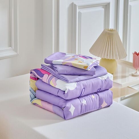 4 Pieces Toddler Bedding Set for Girls Purple Unicorn Toddler Bed Set - Cartoon Stars Rainbow Print Cute Princess Bed in a Bag - 1 Baby Comforter 1 Fitted Sheet 1 Flat Sheet 1 Pillowcase in Kuwait