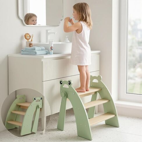 Wooden 3 Step Stool for Kids Bathroom Sink Foldable Anti-Slip, Child Stepping Stool for Kitchen Nursery Bedroom, Sturdy Non Slip Adult Stool for Closet in Kuwait