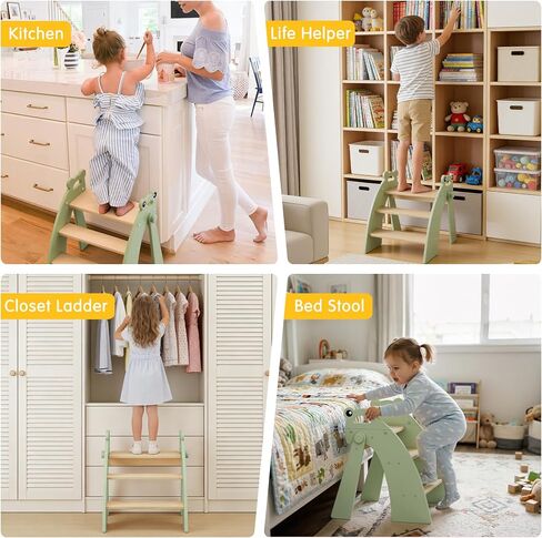 Wooden 3 Step Stool for Kids Bathroom Sink Foldable Anti-Slip, Child Stepping Stool for Kitchen Nursery Bedroom, Sturdy Non Slip Adult Stool for Closet in Kuwait