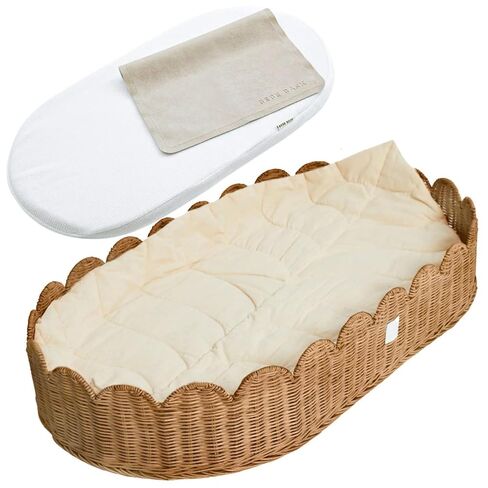 BEBE BASK Premium Baby Changing Basket - Changing Basket for Baby Dresser | Handwoven, Award Winner, Scalloped Rattan basket, Changing Pad and Liner Included, Nursery Dresser, Complete set (Mocca) in Kuwait