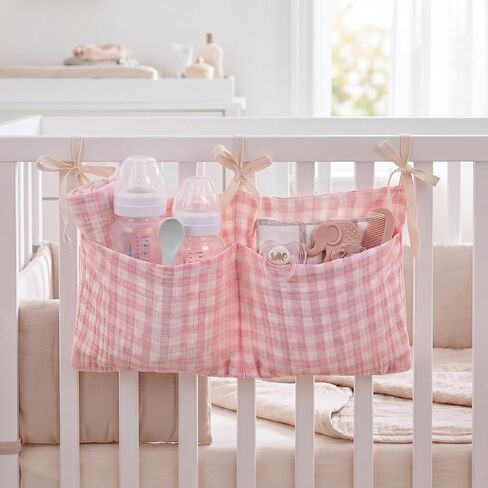 Gingham Crib Hanging Organizer Gingham Diaper Bag Organizer Playpen Organizers Hanging Cotton Crib Storage Bag for Baby Girl's Room(Blue) in Kuwait