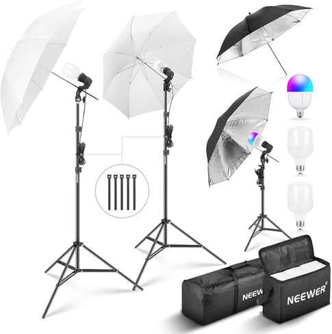 NEEWER 400W Photography Lighting Kit, Incandescent Equivalent Studio Kit, (2) Black Umbrellas, (2) White Umbrellas, (2) 24W LED Light Bulbs, (1) 26W RGB LED Light Bulb, for Photography Lighting, NK501 in Kuwait