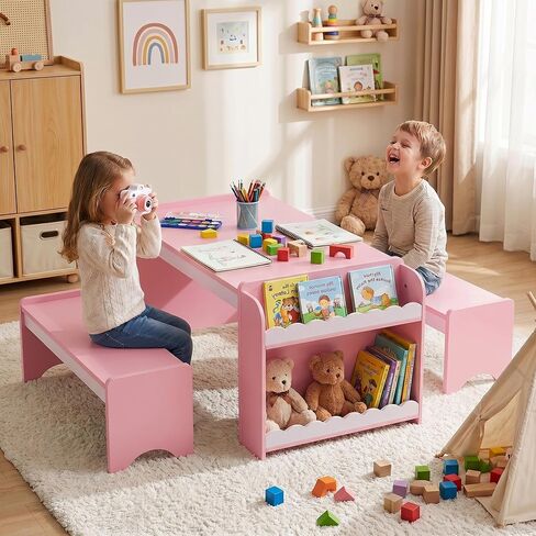 Kids Table and Bench Set, Montessori Kids Table and Chair Set, Indoor Wooden Toddler Activity Table with Bookshelves, 37"X22" Desktop, Children Desk for Home, Classroom, Boys, Girls (Natural) in Kuwait