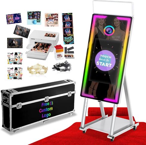 Magic Mirror Photo Booth with Printer and 108 Photo Papers, 40" DSLR Photo Booth with 22" Portable Touch Screen, Built-in PC, Inatant Printing and Sharing,APP Remote RGB Light for Paries in Kuwait