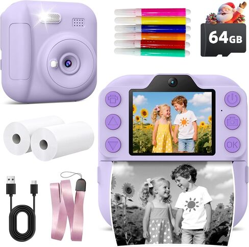 Kids Camera Instant Print, Toddler Toys, Portable Digital Camera 64GB SD Card, Kid Toy for Ages 3-12 Girl, Purple &10 Rolls Instant Print Refill Paper Set in Kuwait