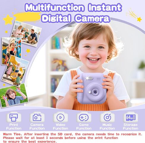 Kids Camera Instant Print, Toddler Toys, Portable Digital Camera 64GB SD Card, Kid Toy for Ages 3-12 Girl, Purple &10 Rolls Instant Print Refill Paper Set in Kuwait
