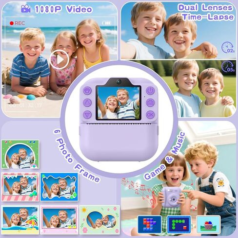 Kids Camera Instant Print, Toddler Toys, Portable Digital Camera 64GB SD Card, Kid Toy for Ages 3-12 Girl, Purple &10 Rolls Instant Print Refill Paper Set in Kuwait