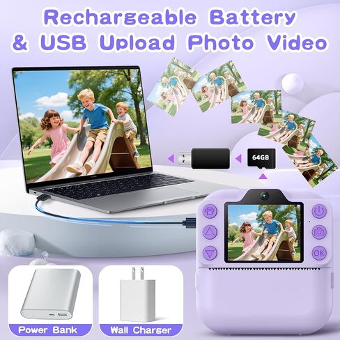 Kids Camera Instant Print, Toddler Toys, Portable Digital Camera 64GB SD Card, Kid Toy for Ages 3-12 Girl, Purple &10 Rolls Instant Print Refill Paper Set in Kuwait
