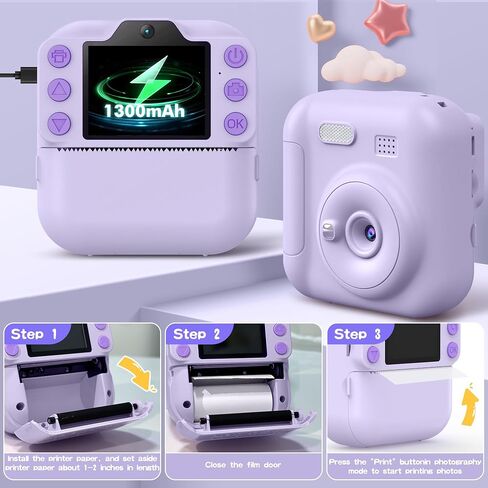 Kids Camera Instant Print, Toddler Toys, Portable Digital Camera 64GB SD Card, Kid Toy for Ages 3-12 Girl, Purple &10 Rolls Instant Print Refill Paper Set in Kuwait