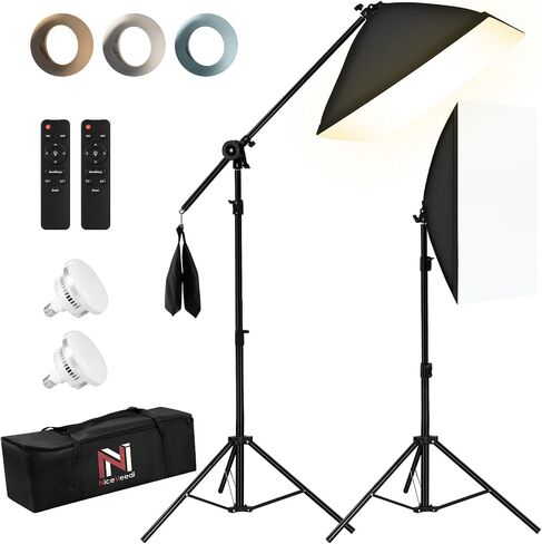 NiceVeedi 85W Photography Lighting, 2-Pack 20'' x 28'' Professional Softbox Lighting Kit with 53'' Boom Arm & 91'' Tripod Stand, Remote Control, Studio Lights for Live Streaming/Portrait/Photography in Kuwait