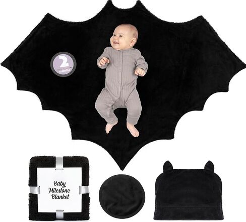 Sherpa Fleece Goth Bat Baby Swaddle Blanket Gift Set with Milestone Stickers, Bat Hat & Wings, Crib Size in Kuwait