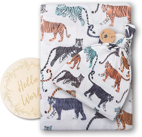 Mountain Baby Organic Muslin Swaddle Blankets for Baby Boy with Hat and Wooden Hello World Newborn Sign, Adventure Forest Theme, Newborn Photography Outfits Boy, Birth Announcement Sign in Kuwait