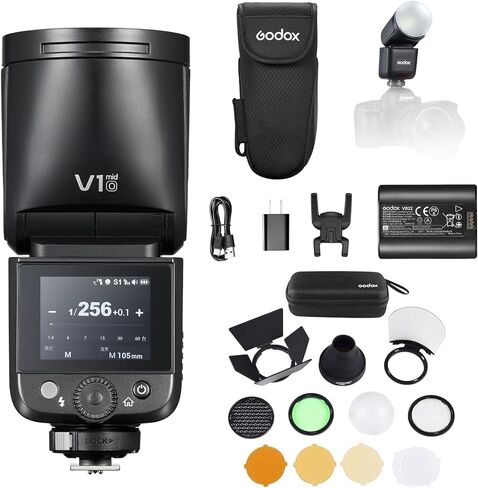 Godox V1mid O TTL Flash for Olympus Panasonic, V1 mid AK-R1 Accessories Kit | 2.4G HSS Touchscreen, 1.7s Recycle Time 650 Full Power Pops, USB-C Charging Battery, Modeling Lamp for Street Photography in Kuwait