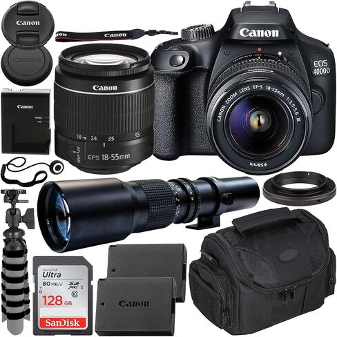 Canon EOS 4000D DSLR Camera w/EF-S 18-55mm f/3.5-5.6 III Lens + 500mm Preset Lens Beginner's Bundle - Includes: 128GB SDXC Card, LPE10 Replacement Battery + More (International Model) (Renewed) in Kuwait