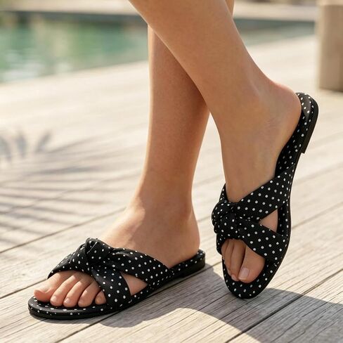 Women's Sandals Polka Dot Knotted Cross Strap Open Toe Flat Soft Sole Flats in Kuwait